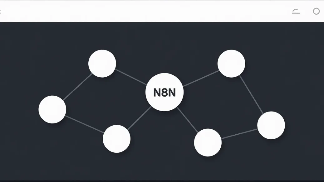 Clean vector illustration of n8n interface nodes connecting, dark
