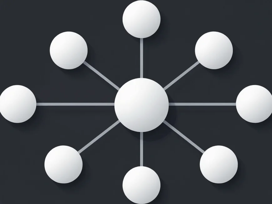 Vector illustration of interconnected nodes in a dark mode UI, representing API routing and data flow, ultra-sharp preci