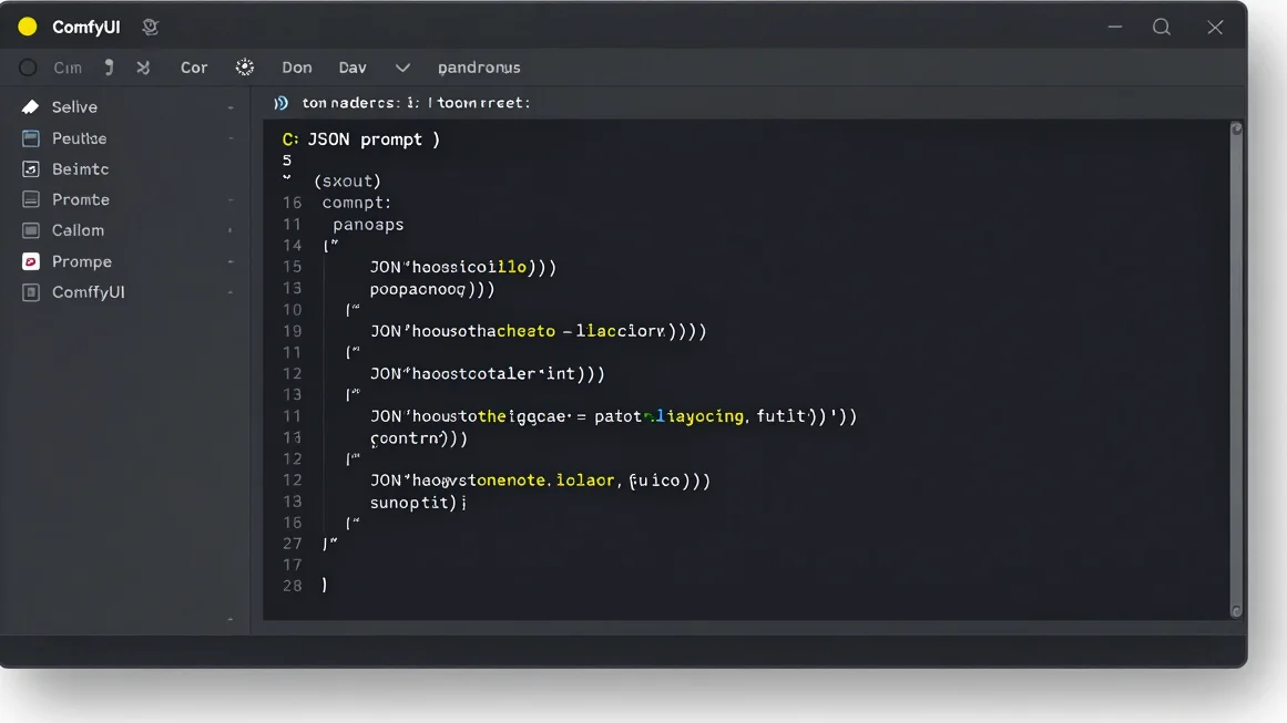 Crisp dark-mode interface mockup of ComfyUI, showing a clean JSON